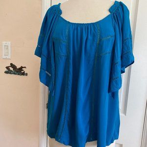 Anthropologie Turquoise Flutter-Sleeve Drape-y Top with Open-work Detail